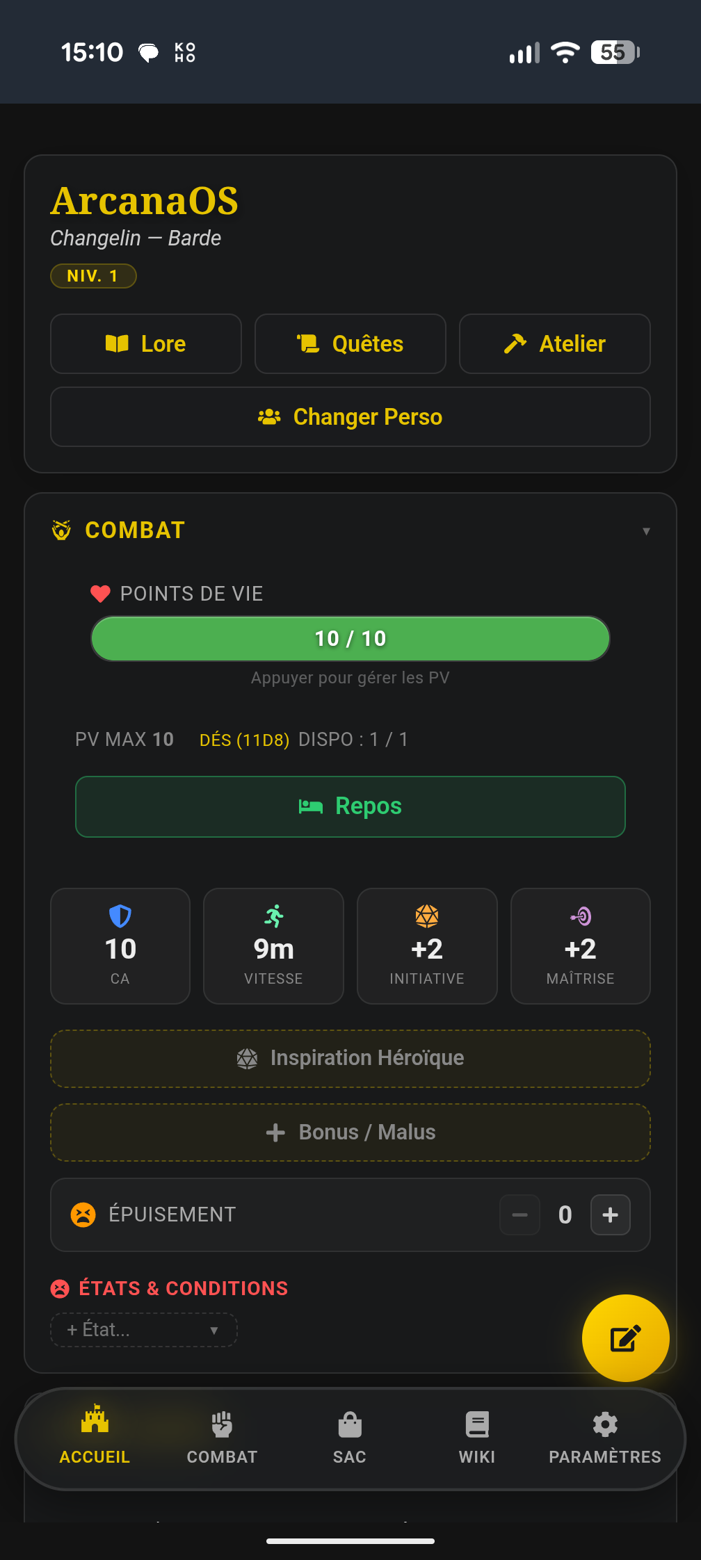 Vue joueur d'ArcanaOS sur téléphone&nbsp;: fiche de personnage avec points de vie et caractéristiques