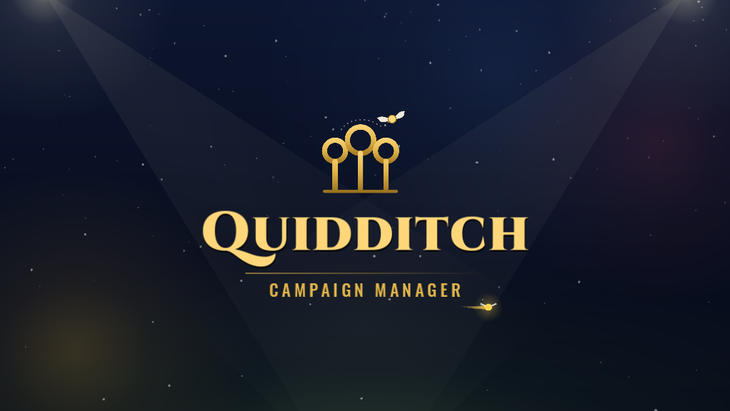 Écran titre de Quidditch Campaign Manager&nbsp;: trois anneaux dorés sous les projecteurs d'un stade